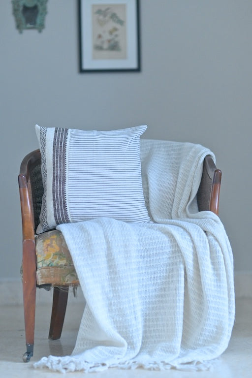 Vidya White, Kala Cotton, Hand Woven, Border and Plain Weave Cushion Cover 16X16 Inches - kinchecom