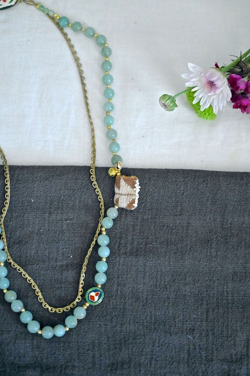 Skrose, Aventurine Semi Precious Beads, Japanese Bead & Brass Beaded Necklace - kinchecom