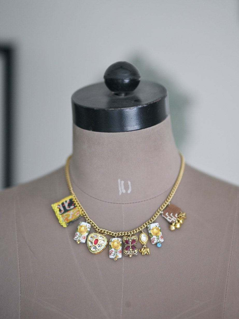 Audrey, Kundan, Japanese Beads, Brass & Phulkari Fabric Bead Necklace, Handmade - kinchecom