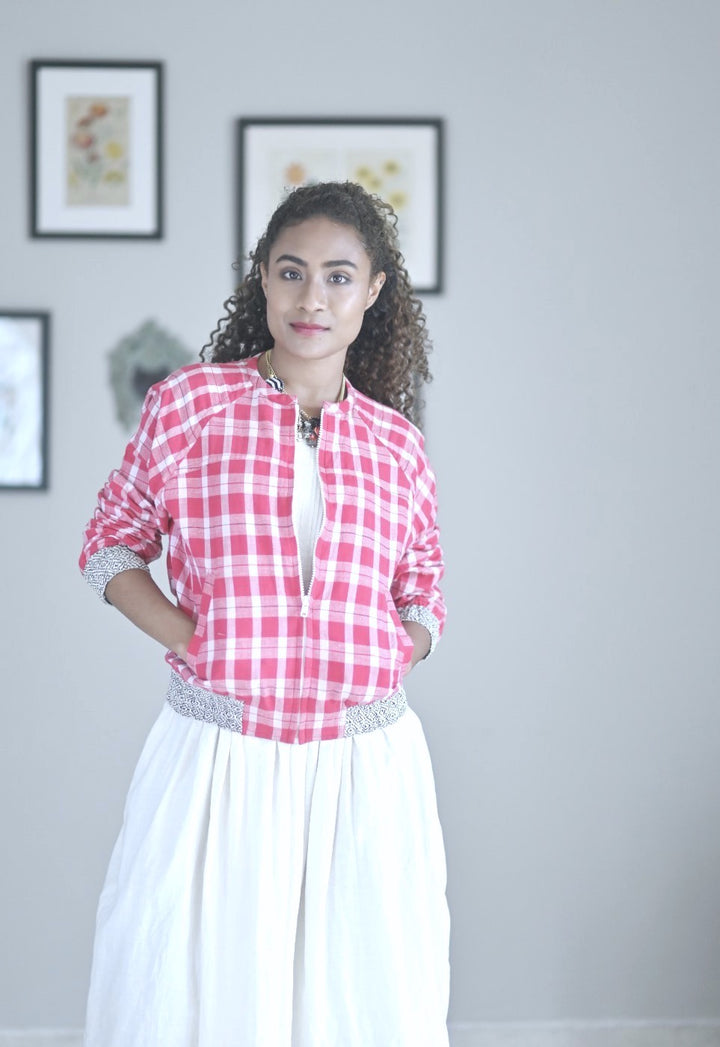 Red Check, Khadi, Zambia Blouson Style Bomber Jacket, Cotton - kinchecom
