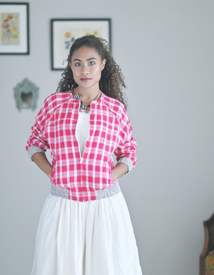 Red Check, Khadi, Zambia Blouson Style Bomber Jacket, Cotton - kinchecom