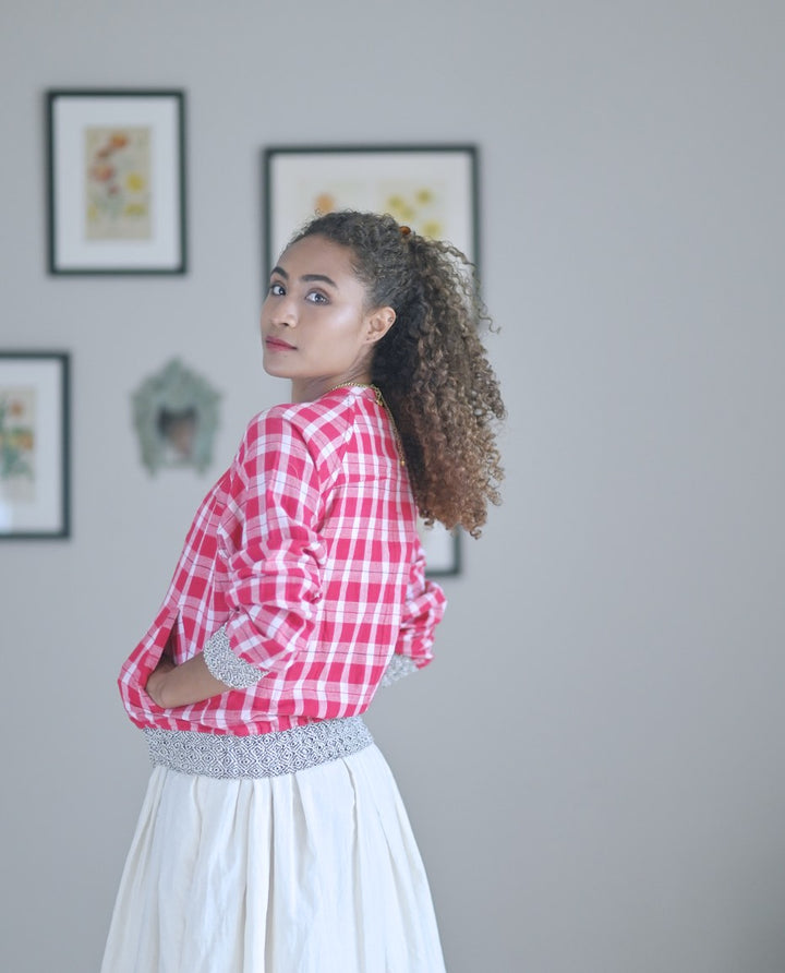 Red Check, Khadi, Zambia Blouson Style Bomber Jacket, Cotton - kinchecom