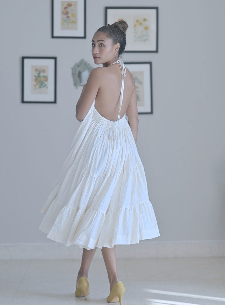 Malabar, Off White, Khadi, Halter Dress, Wide Hem, Low Back - kinchecom
