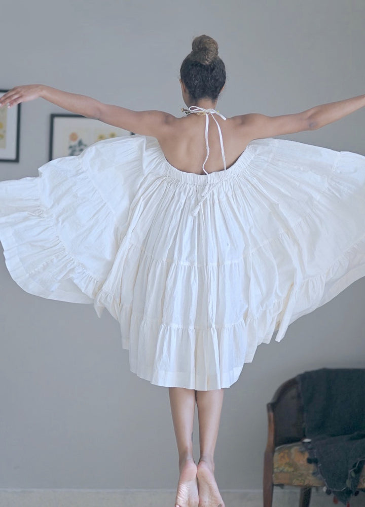 Malabar, Off White, Khadi, Halter Dress, Wide Hem, Low Back - kinchecom