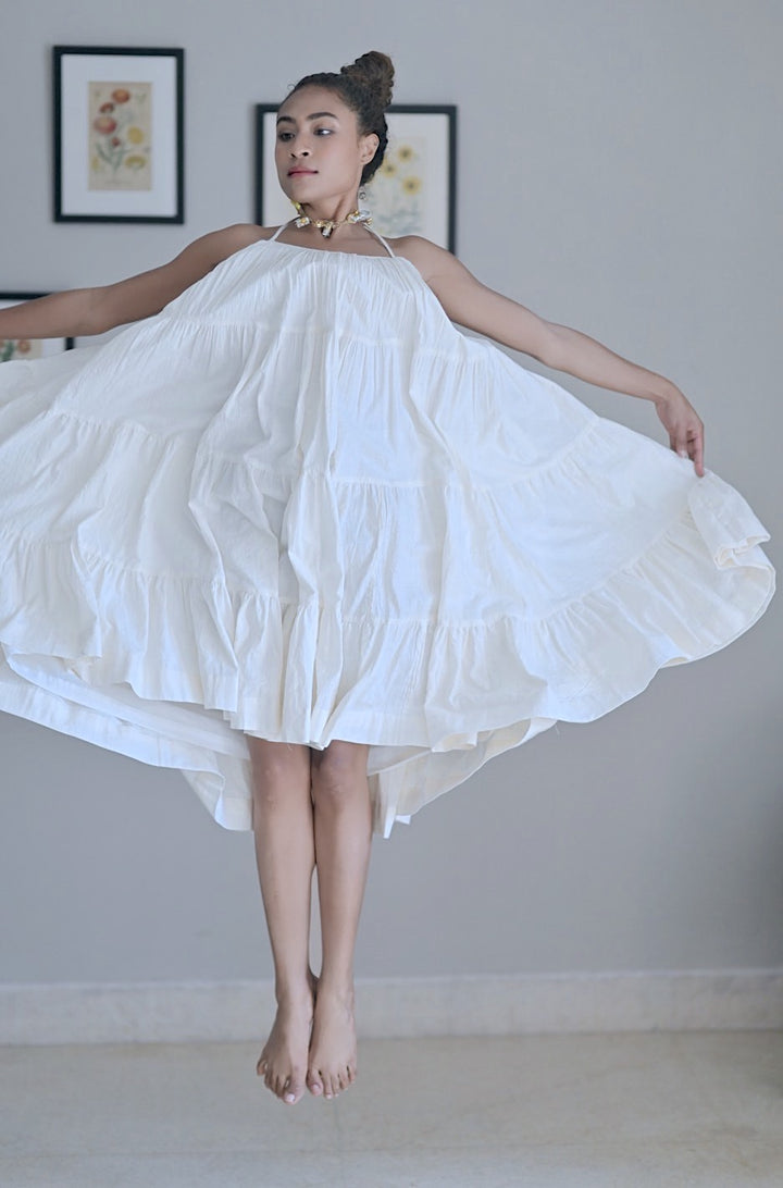 Malabar, Off White, Khadi, Halter Dress, Wide Hem, Low Back - kinchecom