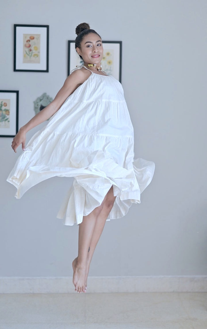 Malabar, Off White, Khadi, Halter Dress, Wide Hem, Low Back - kinchecom