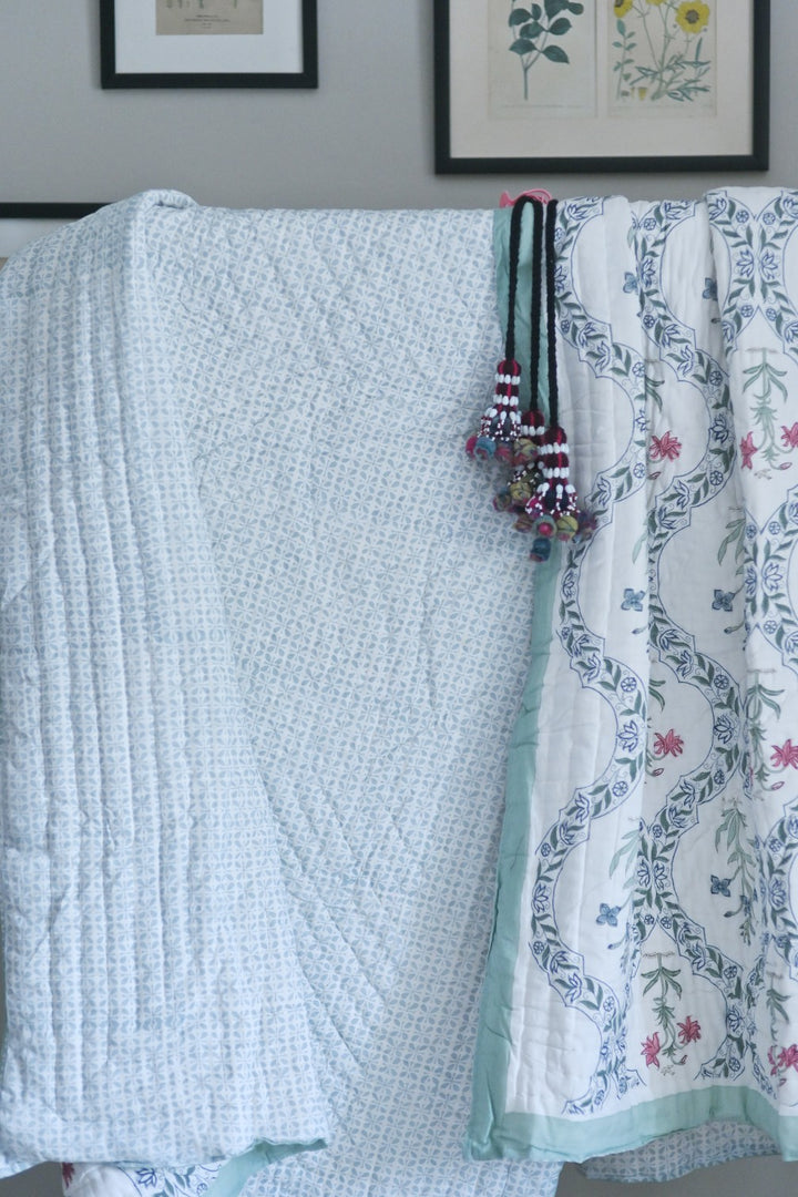 Madho, Set of 2 Single Quilts, Handmade and Handblock Printed 90X60" - kinchecom