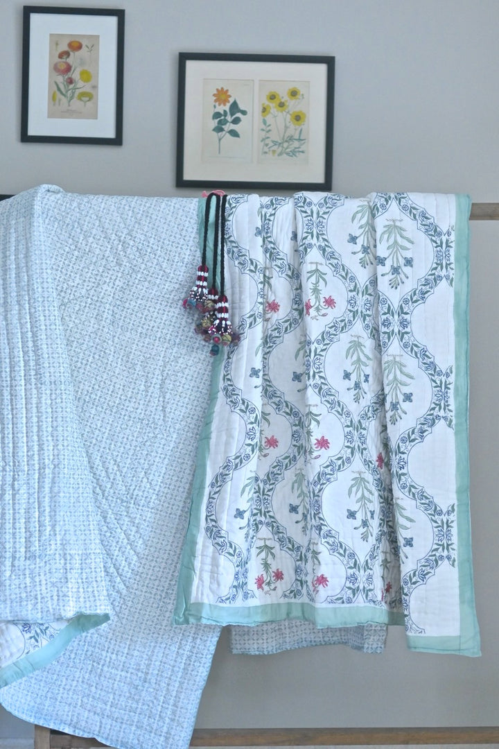 Madho, Set of 2 Single Quilts, Handmade and Handblock Printed 90X60" - kinchecom