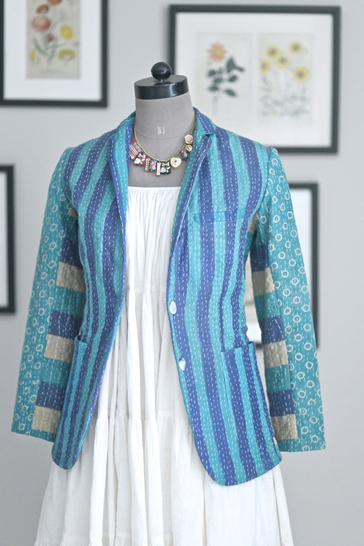 Austin, X Small, Boyfriend Blazer, Jacket Made with Vintage Kantha Fabric - kinchecom