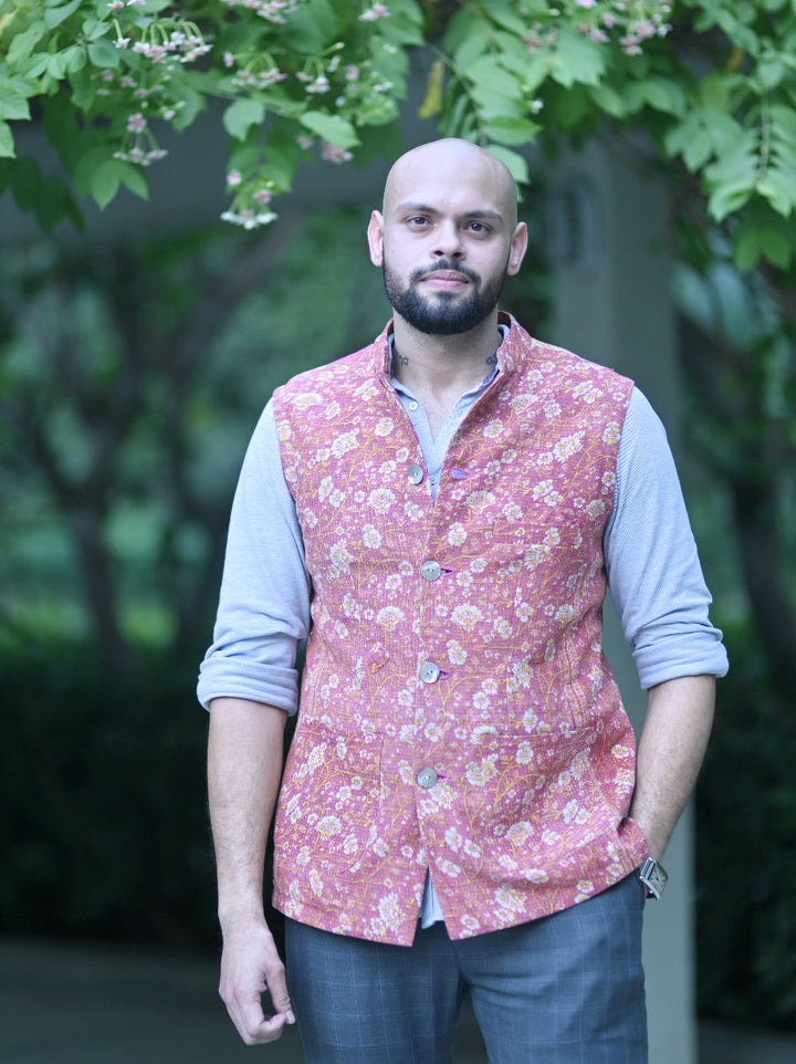 Elpis, Floral Print Nehru jacket for Men, One of a Kind, Size Large - kinchecom