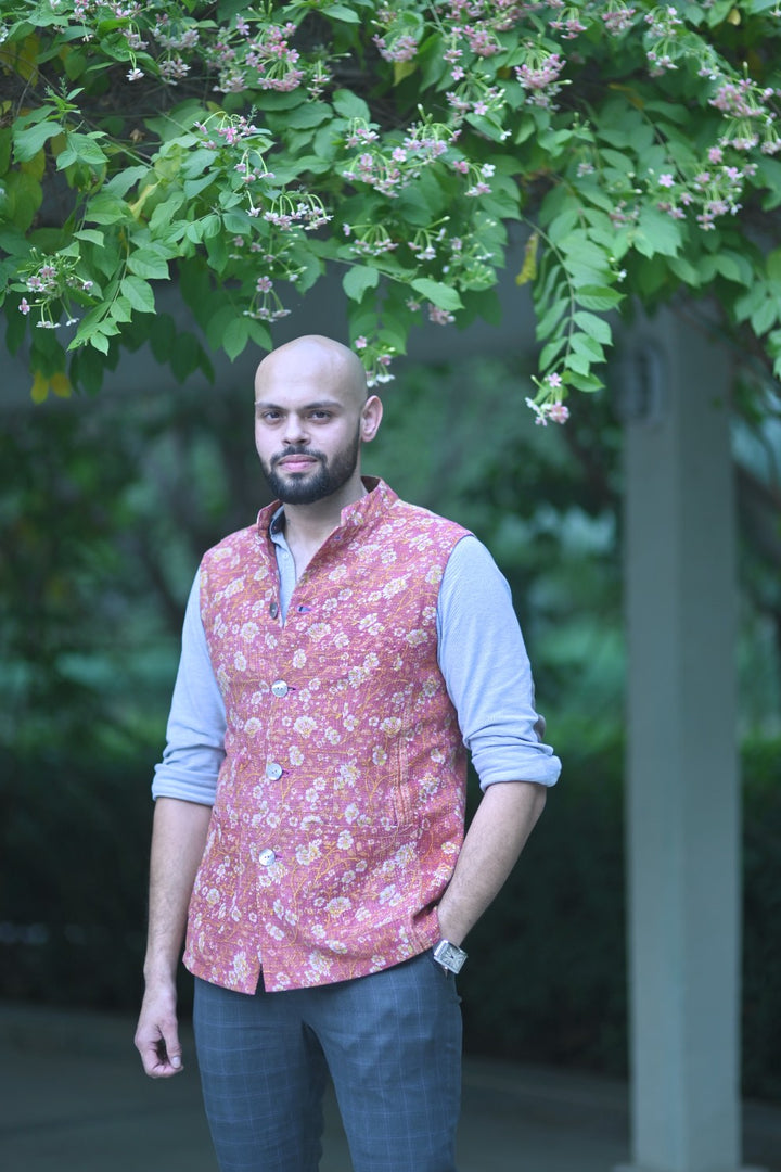 Elpis, Floral Print Nehru jacket for Men, One of a Kind, Size Large - kinchecom