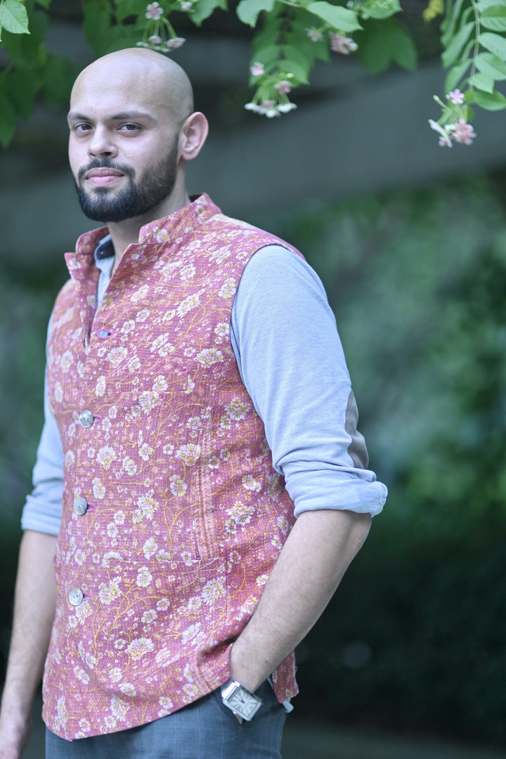 Elpis, Floral Print Nehru jacket for Men, One of a Kind, Size Large - kinchecom