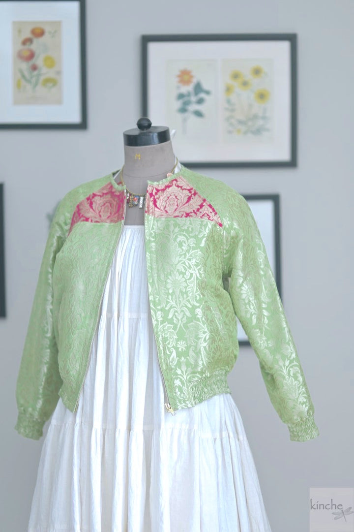 Palden, Silk Brocade Bomber Jacket, Handmade, Green and Pink Silk Bomber Jacket, Luxury Clothing - kinchecom
