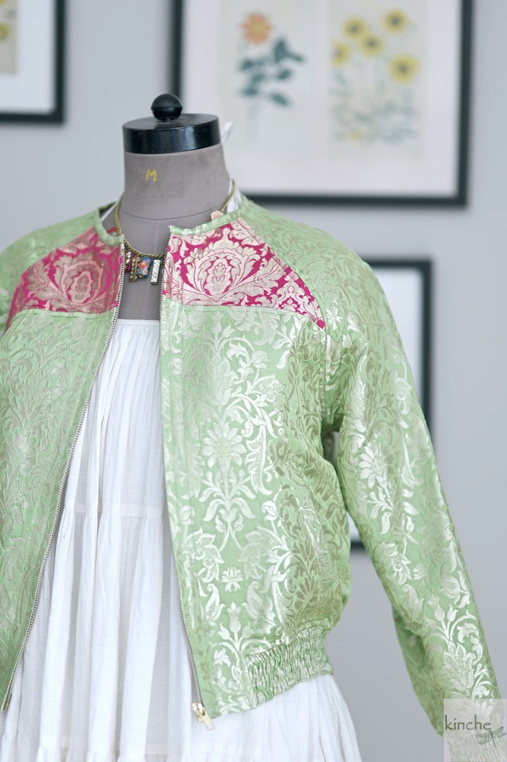 Palden, Silk Brocade Bomber Jacket, Handmade, Green and Pink Silk Bomber Jacket, Luxury Clothing - kinchecom