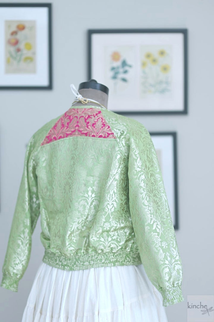Palden, Silk Brocade Bomber Jacket, Handmade, Green and Pink Silk Bomber Jacket, Luxury Clothing - kinchecom