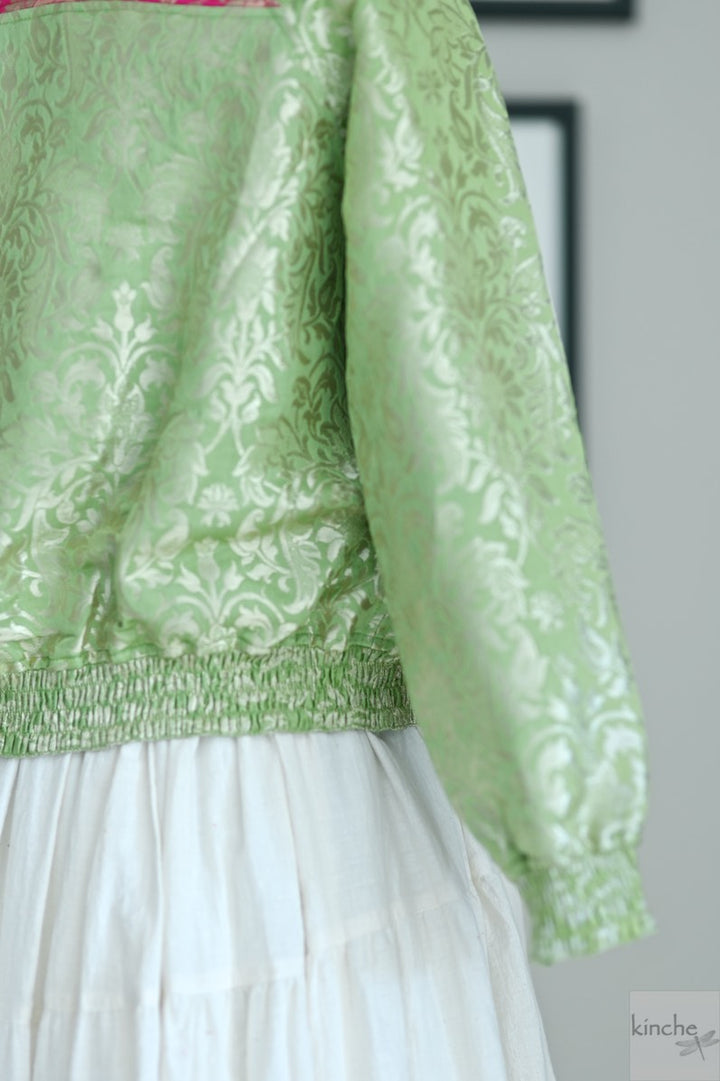 Palden, Silk Brocade Bomber Jacket, Handmade, Green and Pink Silk Bomber Jacket, Luxury Clothing - kinchecom