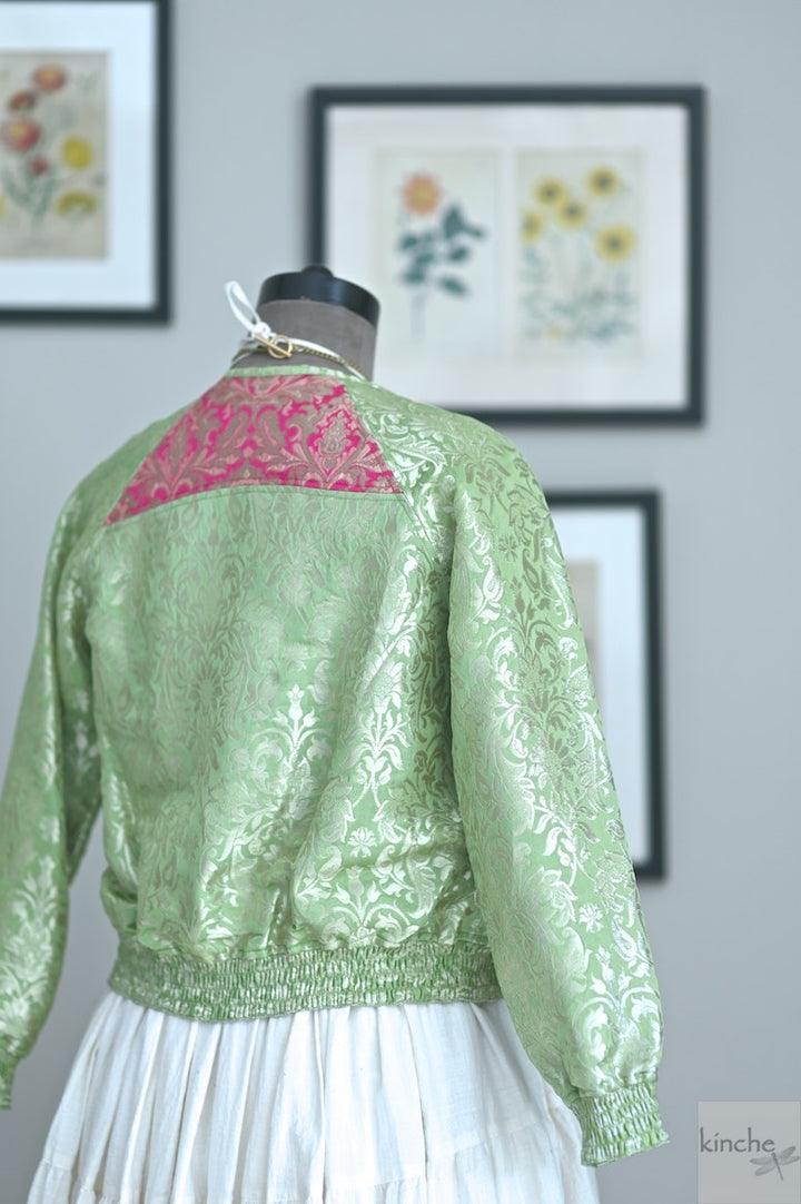 Palden, Silk Brocade Bomber Jacket, Handmade, Green and Pink Silk Bomber Jacket, Luxury Clothing - kinchecom