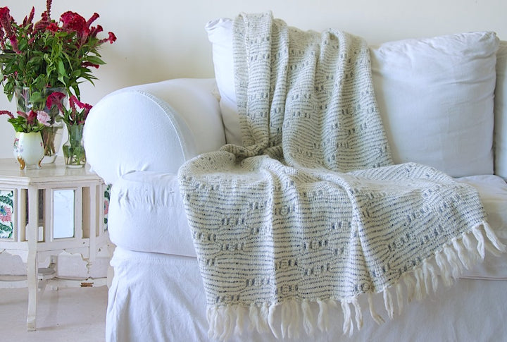 Alexa, Lambs Wool Knitted Throw/ Blanket Off White and Grey  50X70 inches - kinchecom