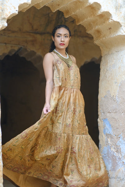 Safina, Kantha Silk, Hand Embroidered Maxi Dress, Vintage Saree - kinchecom