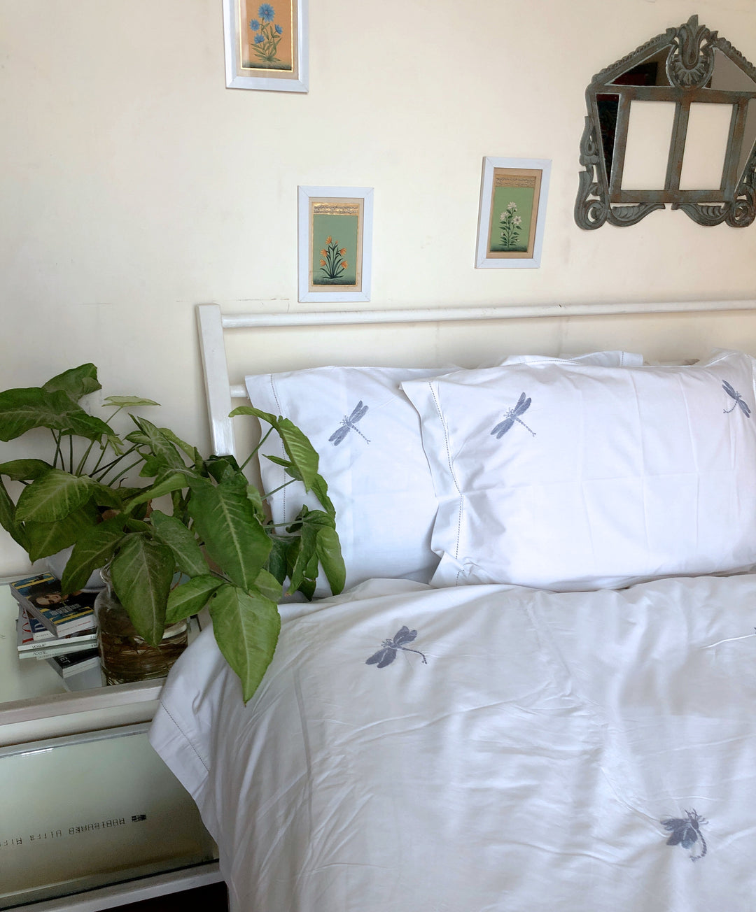 Hand Embroidered Grey Dragonfly on White Cotton Duvet Cover Queen Size - kinchecom