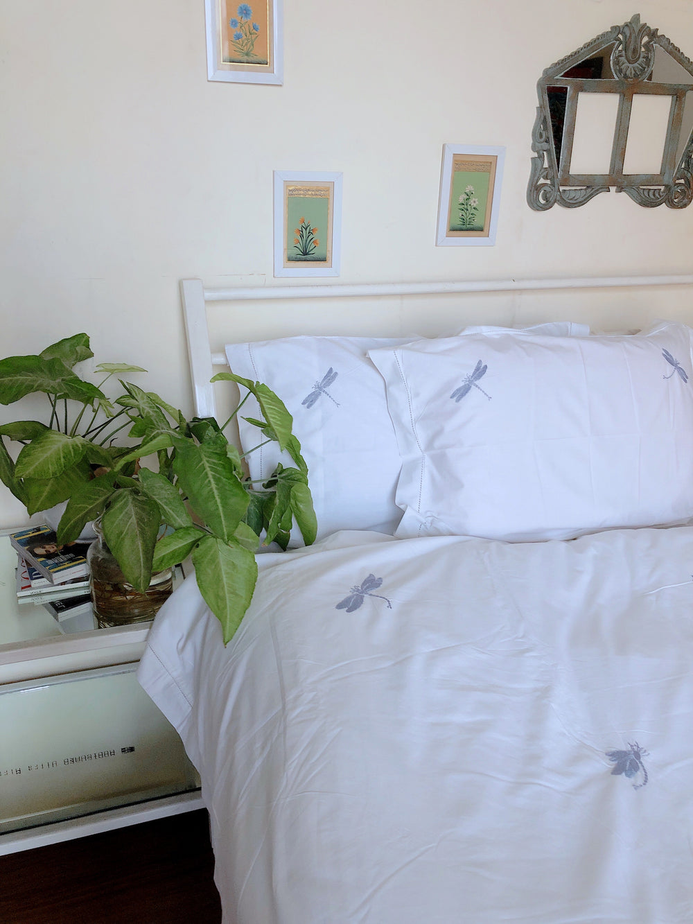 Hand Embroidered Grey Dragonfly on White Cotton Duvet Cover Queen Size - kinchecom