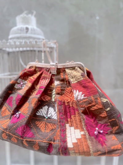 Monrach, Brass Clasp, Vintage Phulkari Handbag with Rhinestone Embroidery - kinchecom