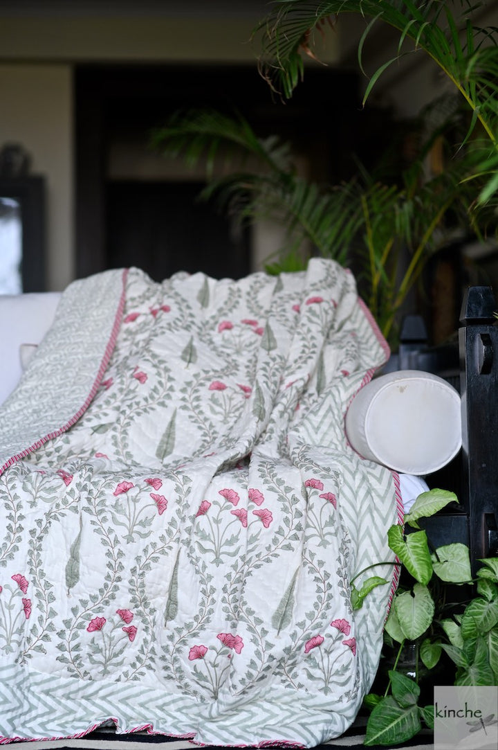 Konkan, Hand Block Quilt/Razai in a Beautiful Block Print, Handmade 100X92" - kinchecom
