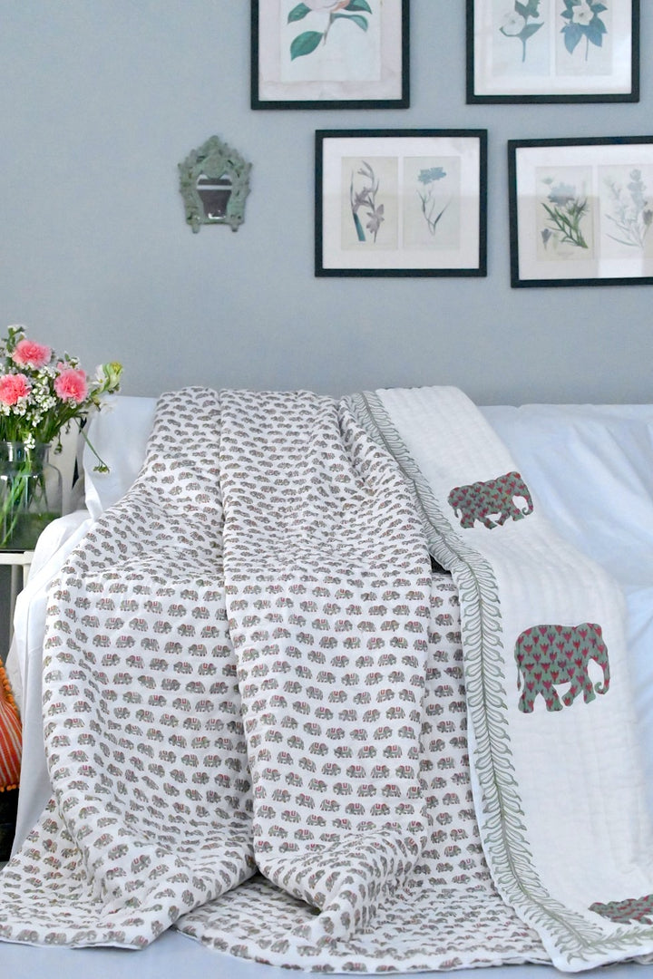 Sanawar, Sustainably made Elephant Block Print, Hand Block Print Quilt 100X92" - kinchecom