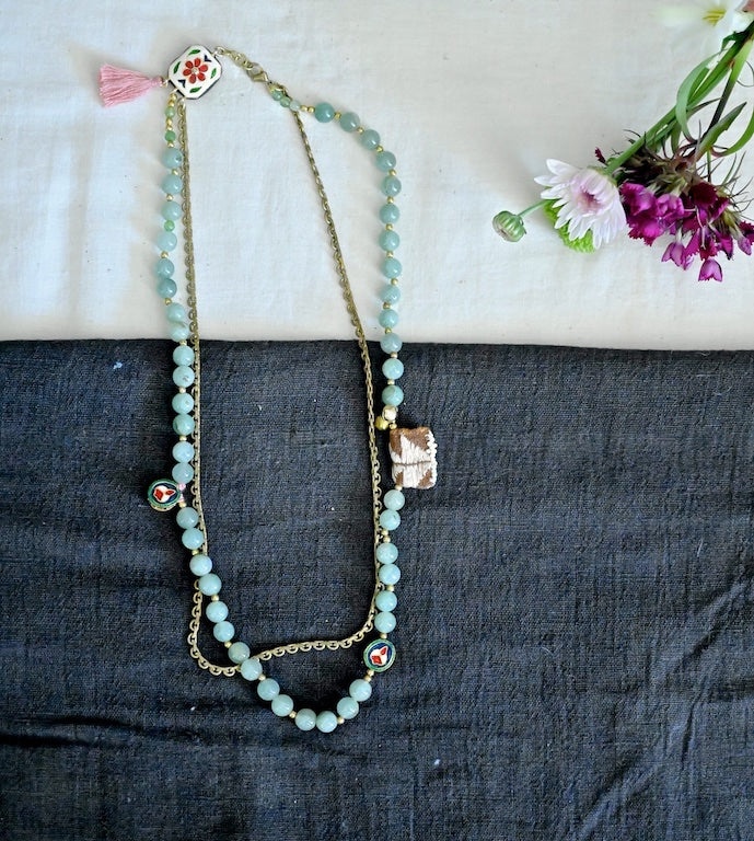 Skrose, Aventurine Semi Precious Beads, Japanese Bead & Brass Beaded Necklace - kinchecom