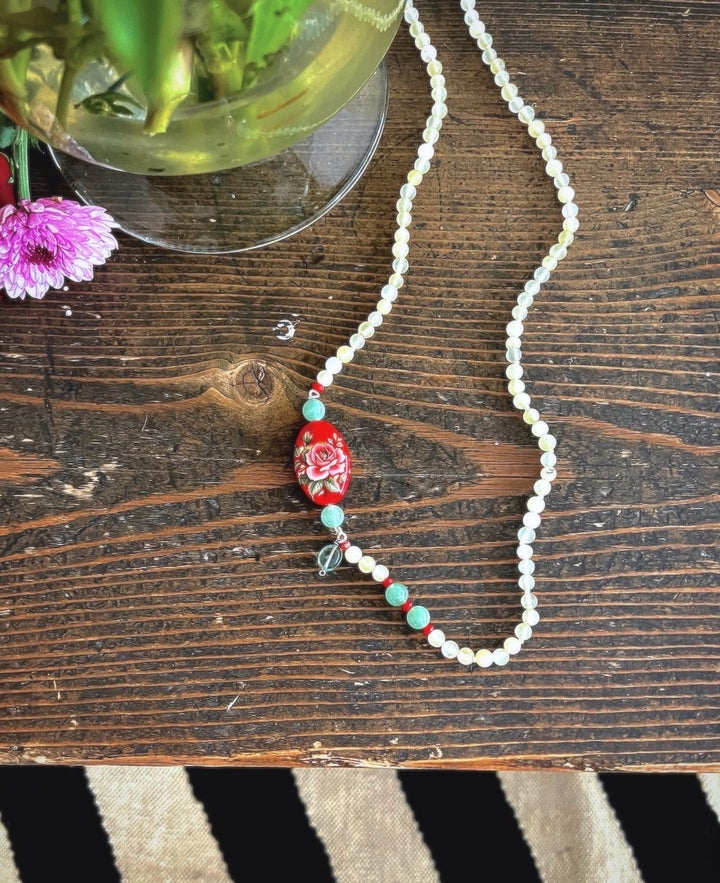 Chloe, Aventurine Semi Precious Beads, Japanese Bead, Agate, & Brass Beaded Necklace - kinchecom