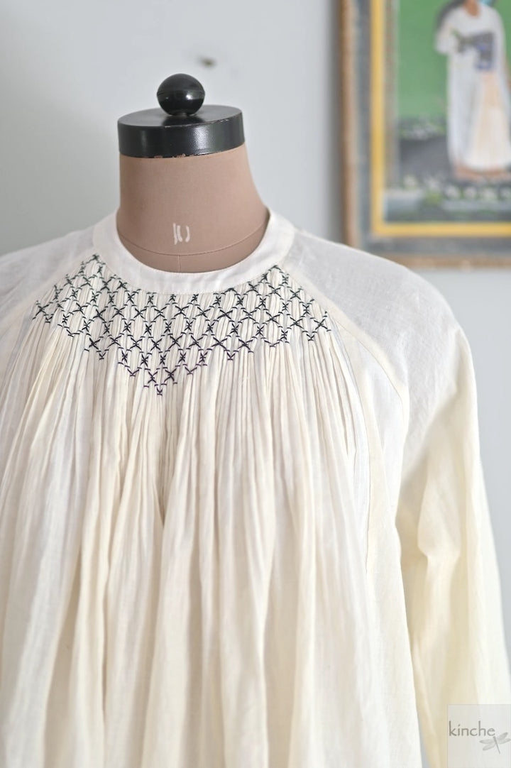 Eunseo, Hand Smocked Khadi, Layered Blouse with Halter Bell Sleeves - kinchecom