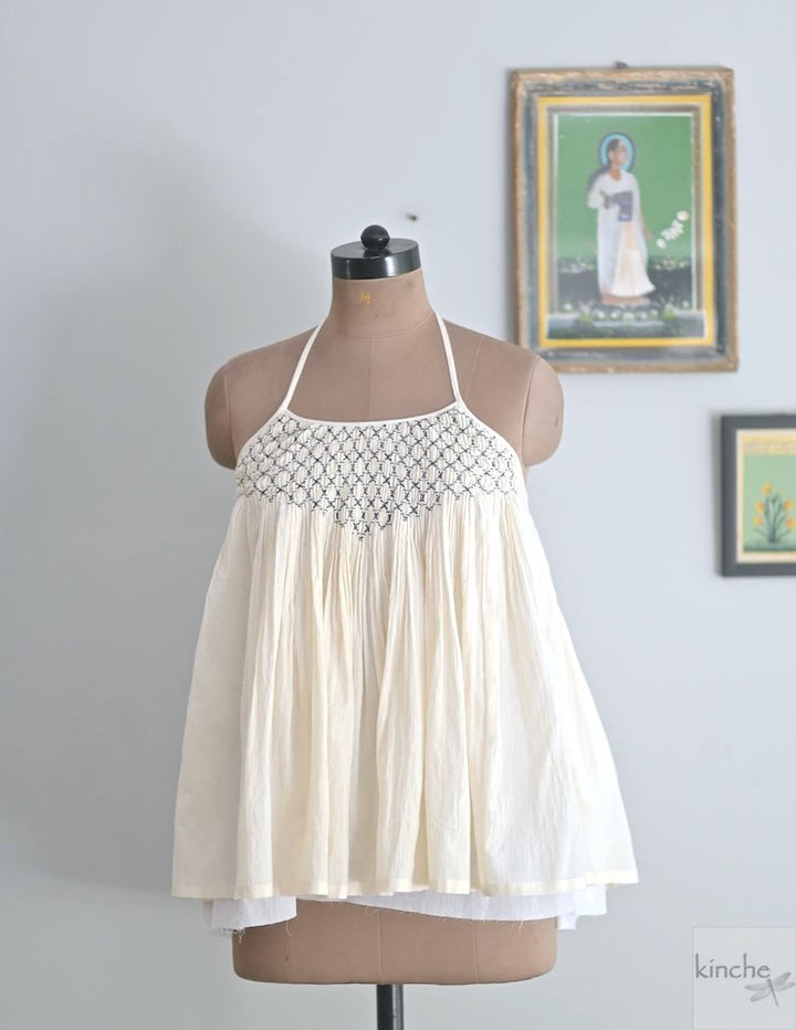 Nari, Hand Smocked Khadi Halter, Tie Back Blouse, Fully Linede - kinchecom