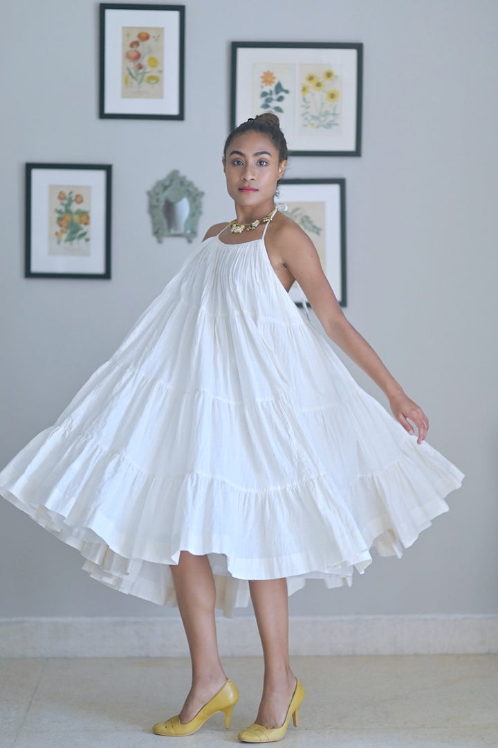 Malabar, Off White, Khadi, Halter Dress, Wide Hem, Low Back - kinchecom