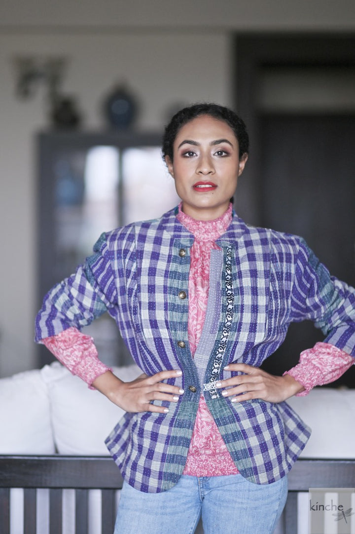 Size large, Daya, Purple Madras Check, Quilted Cotton Jacket - kinchecom