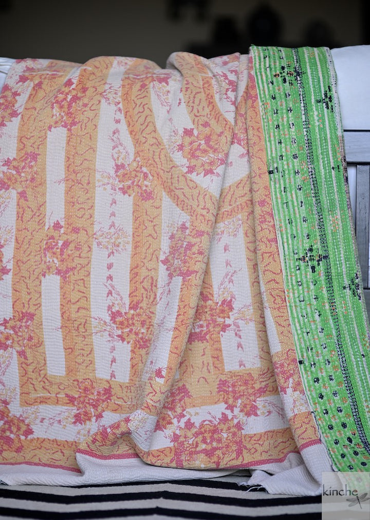Dushna, Rare Kantha Collectible Quilt in Medium to Heavy Weight and Embroidery - kinchecom