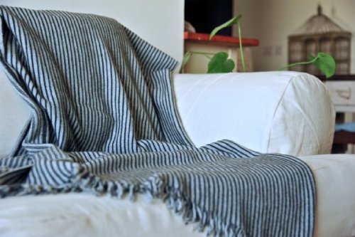 Artemis, Knitted Pure Lambs Wool Throw in Grey & Black Stripes 50X70 inches - kinchecom