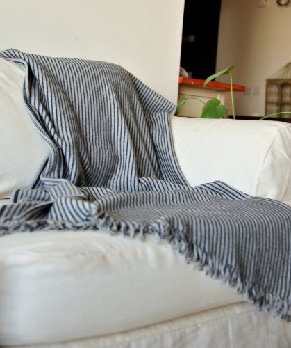 Artemis, Knitted Pure Lambs Wool Throw in Grey & Black Stripes 50X70 inches - kinchecom