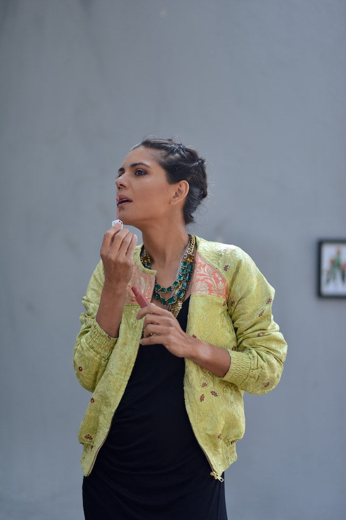 Dagmola Kusho Sakya, Small Hand Crafted Pure Brocade Bomber Jacket - kinchecom