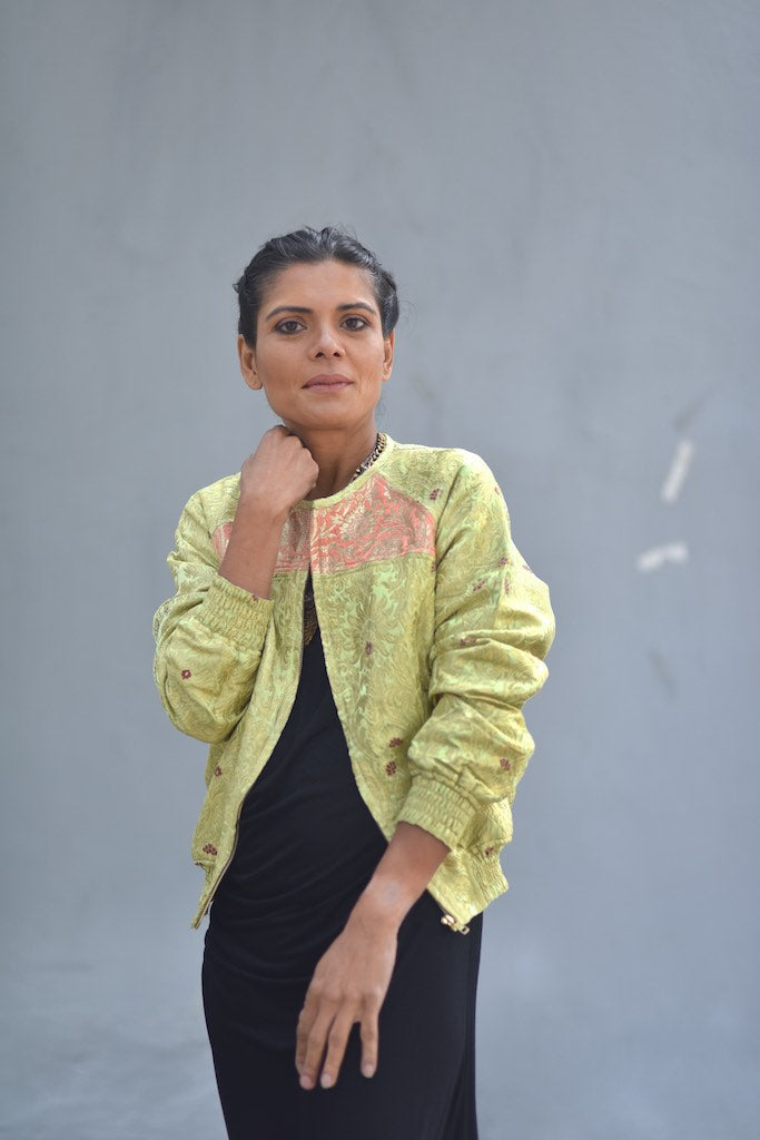 Dagmola Kusho Sakya, Small Hand Crafted Pure Brocade Bomber Jacket - kinchecom