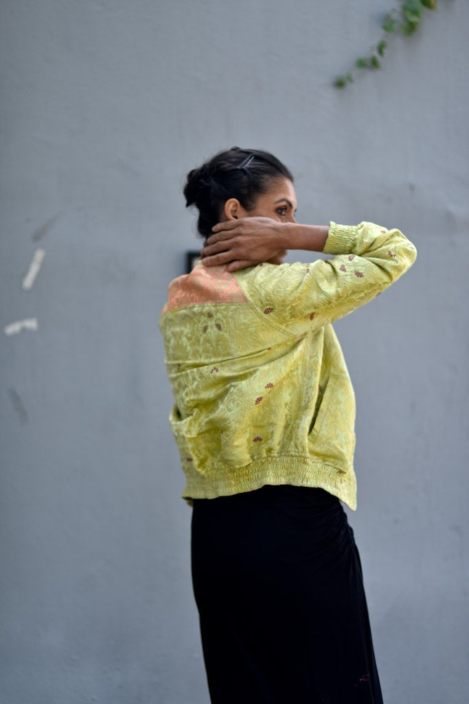 Dagmola Kusho Sakya, Small Hand Crafted Pure Brocade Bomber Jacket - kinchecom