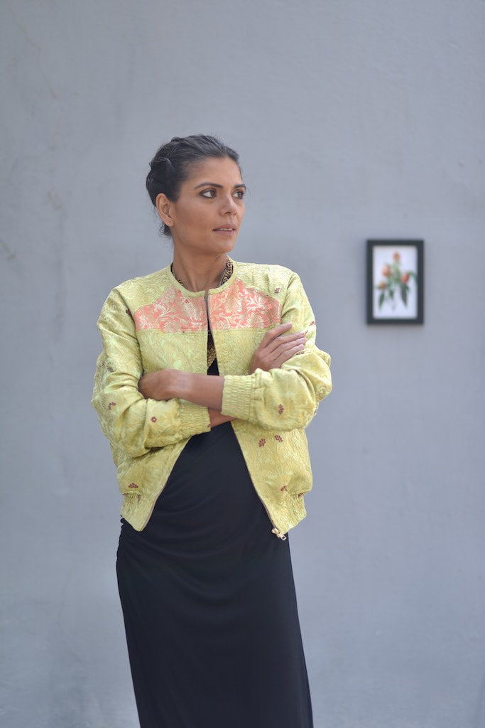 Dagmola Kusho Sakya, Small Hand Crafted Pure Brocade Bomber Jacket - kinchecom