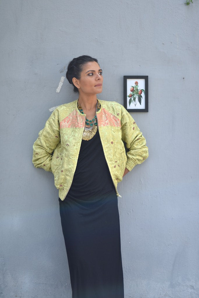 Dagmola Kusho Sakya, Small Hand Crafted Pure Brocade Bomber Jacket - kinchecom