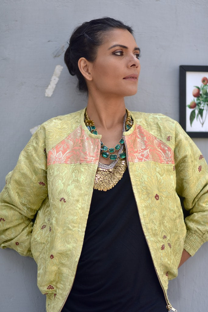 Dagmola Kusho Sakya, Small Hand Crafted Pure Brocade Bomber Jacket - kinchecom