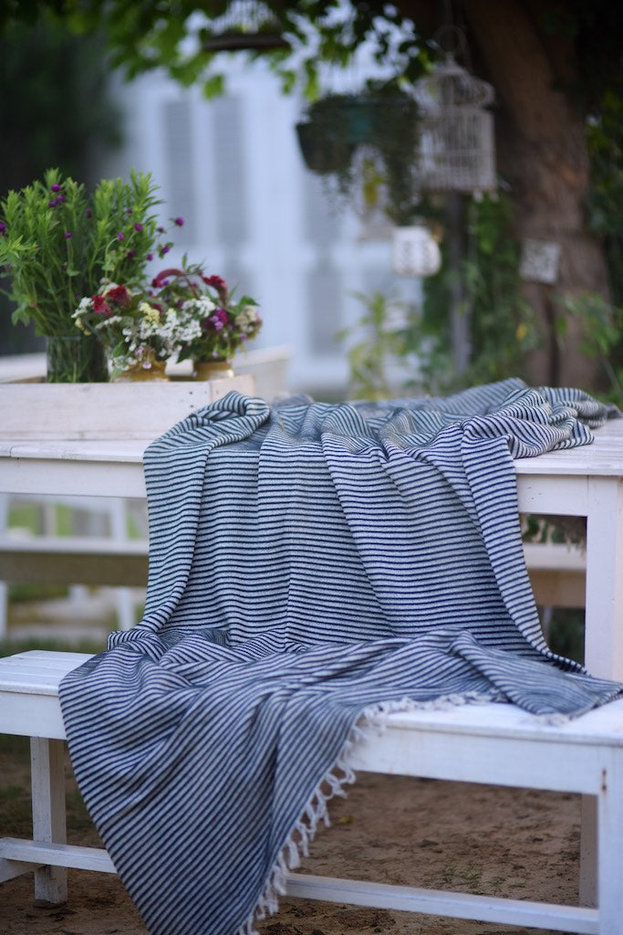 Electra, Pure Lambs Wool & Cotton, Grey with Black Stripes Blanket 102X92 Inches - kinchecom