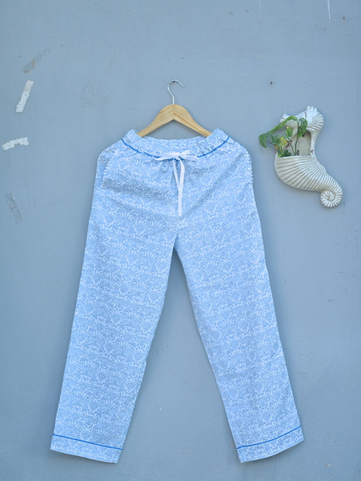 Ila, White and Blue Floral Print jammies with Pom Poms - kinchecom