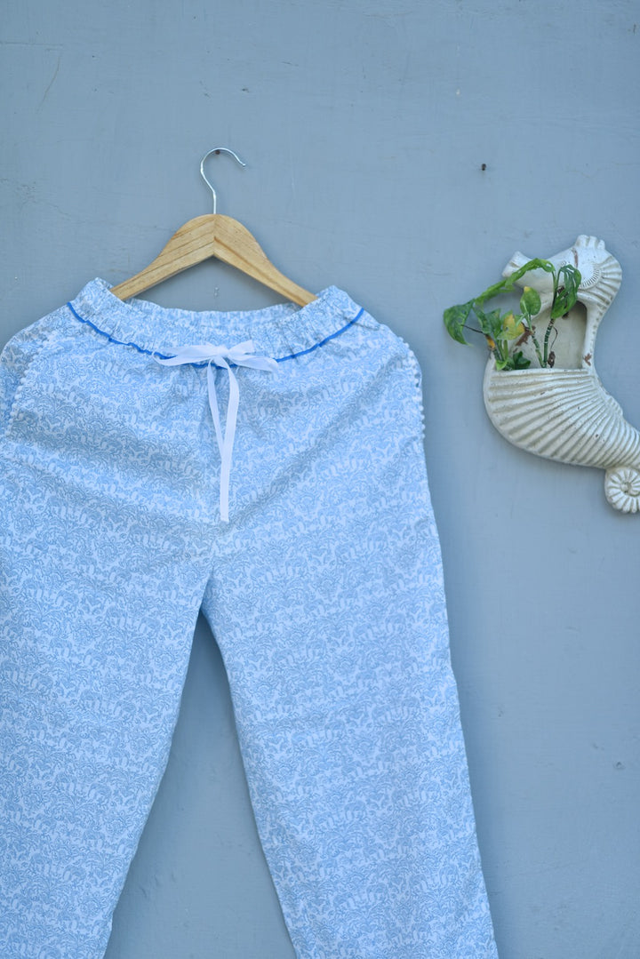 Ila, White and Blue Floral Print jammies with Pom Poms - kinchecom
