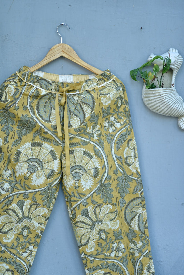 Ira, Pure Cotton Yellow Floral Print Pajama - kinchecom