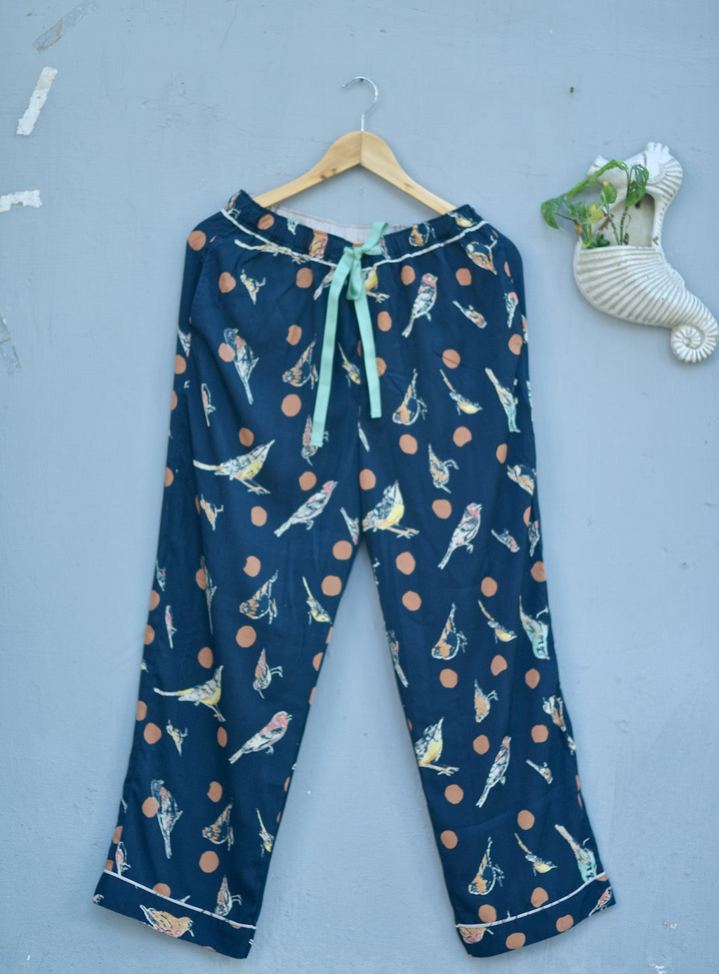 Tellus, Pure Crepe Blue Pajamas with Orange Polka Dots & Bird Print - kinchecom