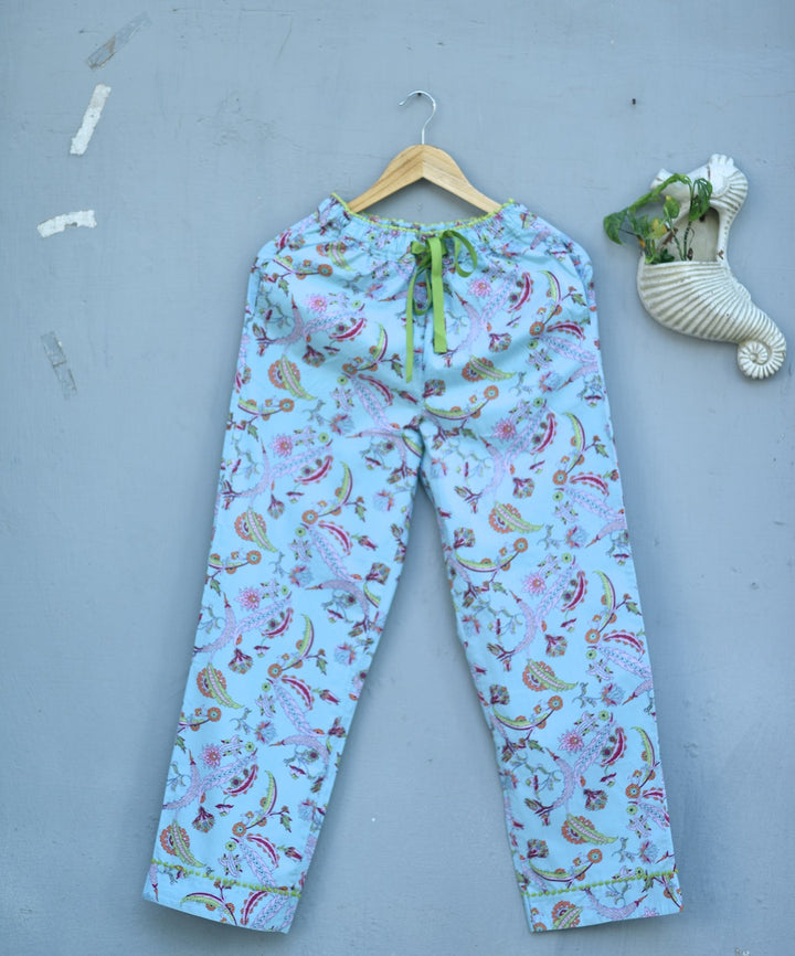 Hina, Pure Cotton Blue & Pink Floral Print Pajama with Green Lace and Pom Pom at bottom - kinchecom