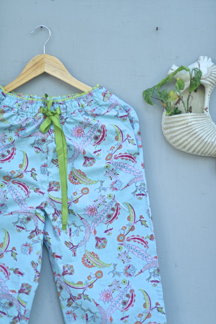 Hina, Pure Cotton Blue & Pink Floral Print Pajama with Green Lace and Pom Pom at bottom - kinchecom